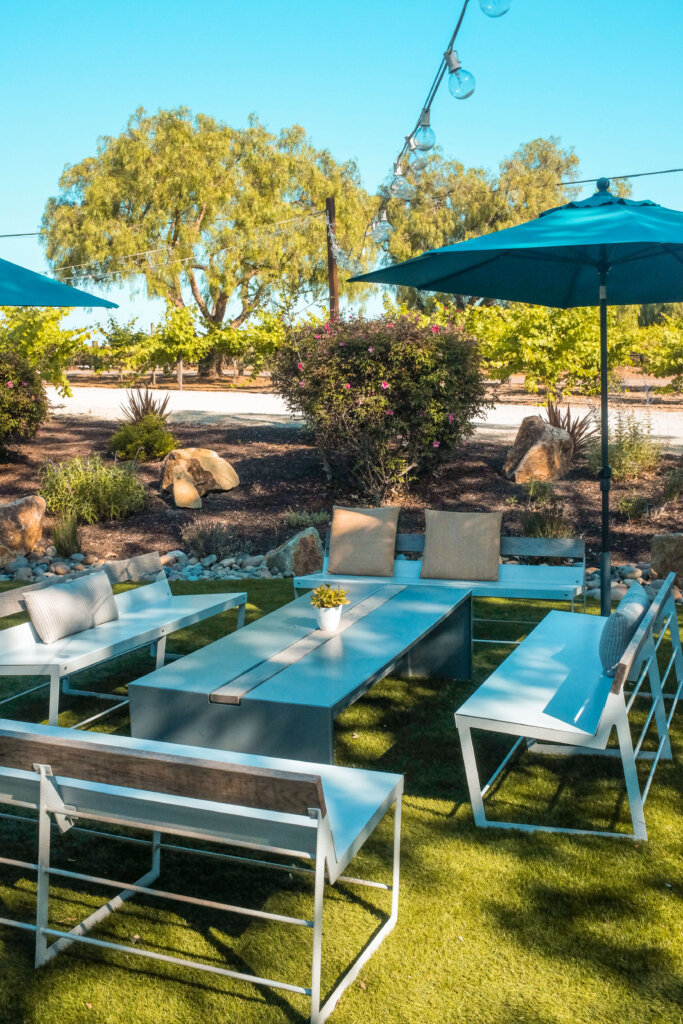 Saucelito Canyon Vineyard SLO Saucelito Canyon Vineyard Ourdoor Shaded Seating in San Luis Obispo